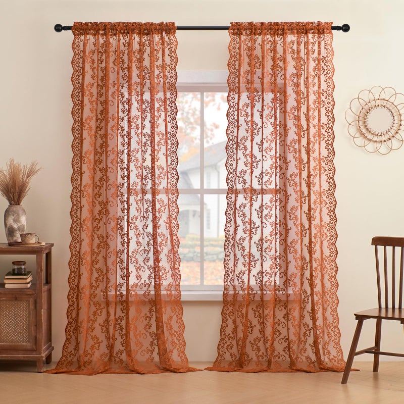 FOLKSIDE Brunt Orange Lace Curtains 45 Inch Length Rust Lace Curtains Short for Kitchen Cafe Rod Pocket Light Filtering Vintage Floral Paisley Lace Curtains for Small Window Closet Laundry  52x45  Terracotta - Image 2